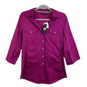 NWT Sandra Ingrish Raspberry Button Up Shirt Large Cotton Ribbed Roll Tab Sleeve